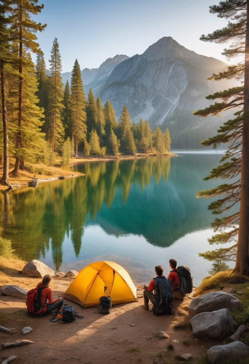 A scenic landscape featuring a diverse group of adventurous travelers setting up a tent by a serene lake, surrounded by tall pine trees and majestic mountains. Include elements of hiking gear, such as backpacks and walking sticks, scattered around, while a breathtaking sunrise casts warm golden light over the scene. Add a sense of camaraderie among the travelers, sharing stories and laughter. vibrant colors. super-realistic. outdoorsy.