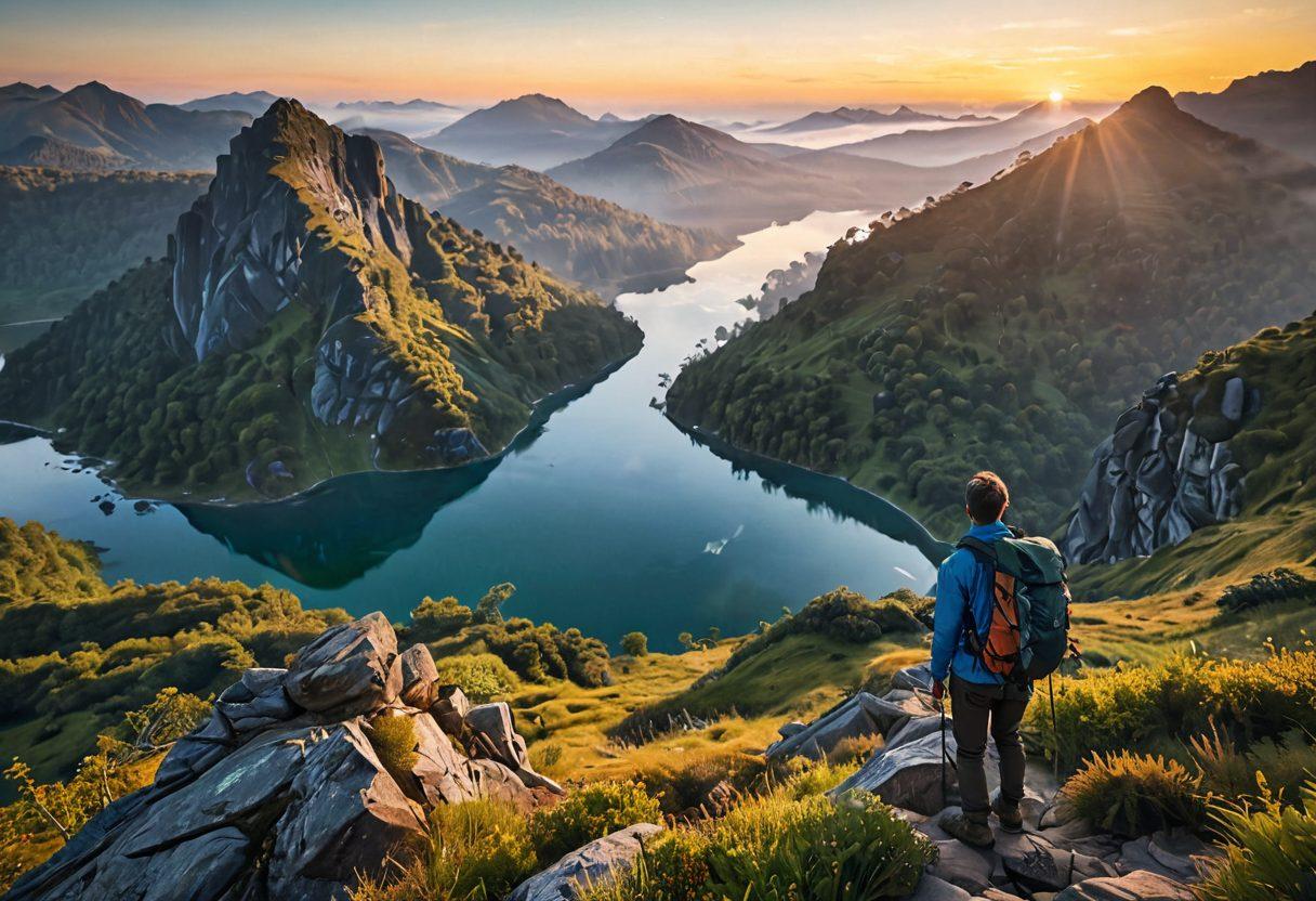 A breathtaking landscape of a mountainous terrain at dawn, showcasing a lone hiker standing at the edge of a cliff, gazing into a vibrant horizon filled with rolling hills and misty valleys. Include essential hiking gear like a backpack and compass to symbolize exploration. Add a few birds soaring in the sky to convey freedom and adventure. Capture the essence of the great outdoors with lush greenery and a crystal-clear lake below. super-realistic. vibrant colors. 3D.
