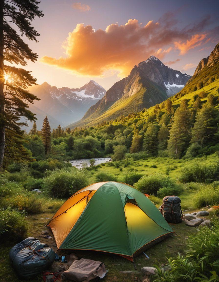A lush green campsite surrounded by majestic mountains, showcasing essential adventure gear like tents, backpacks, and cameras. Include a group of diverse adventurers engaged in activities like setting up their tents and taking photos of wildlife. The scene should capture the essence of exploration, with a vibrant sunset illuminating the landscape in warm hues. Nature's beauty encircling the campsite in a coexistent harmony with adventure gear. super-realistic. vibrant colors.